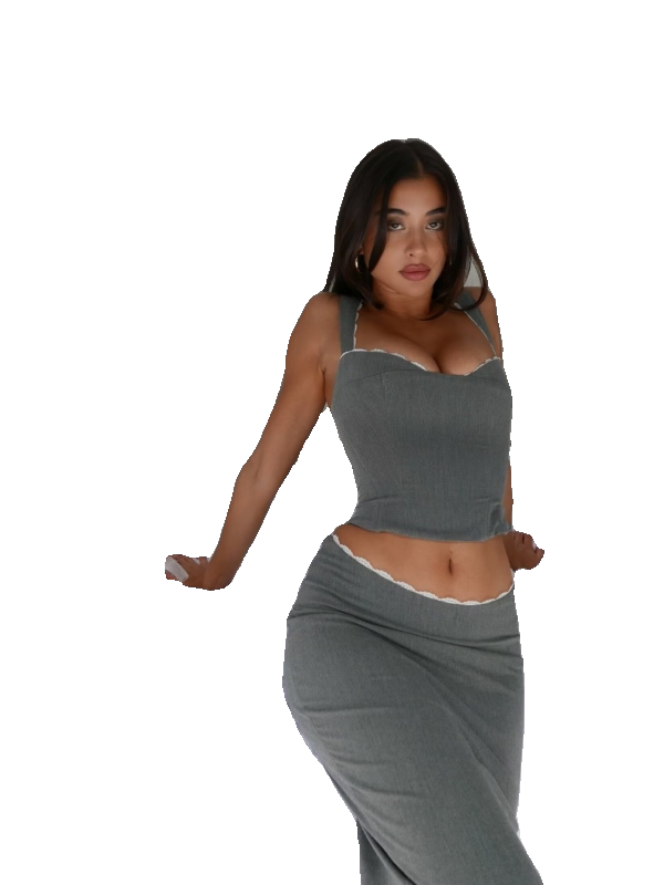 Cxqdy | High-End Thai Queen Lace Suit with Gray Vest Top and High-Waist Slit Skirt