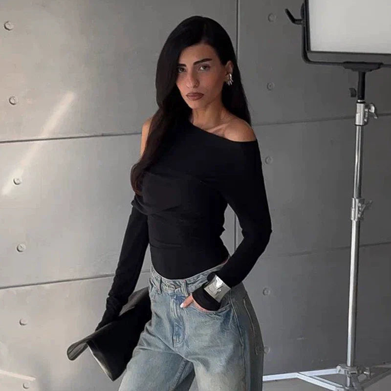 Cxqdy | Women’s Asymmetrical Off-Shoulder Slim-Fit Long Sleeve Top