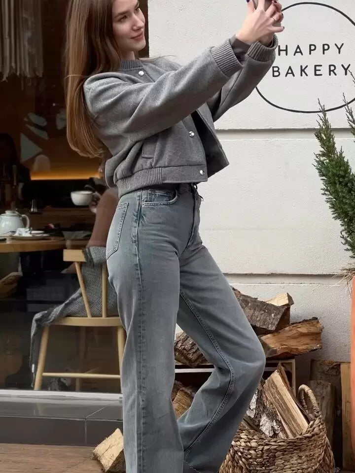 Cxqdy | Women’s Wool Blend Baseball Jacket Loose Fit Short Coat Stand Collar Outerwear