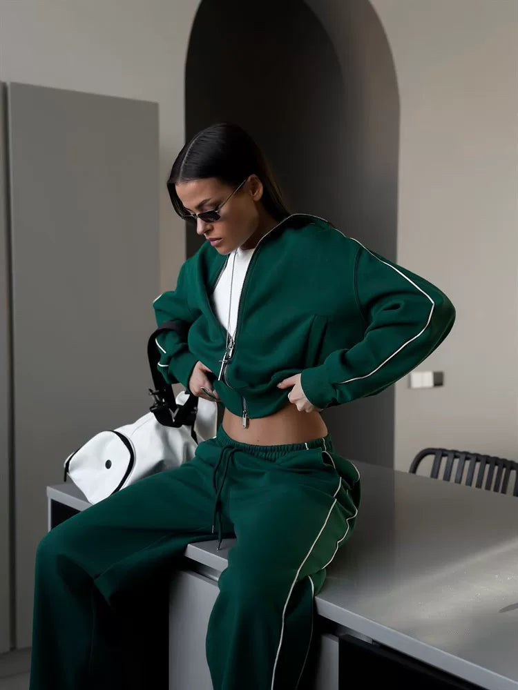 Cxqdy | Casual Zip-Up Cardigan Jacket and Lace Trousers Two-Piece Set