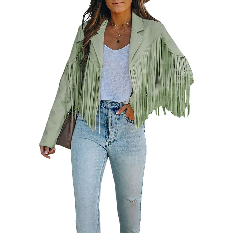 Cxqdy | Women’s Fringe Trim Short Jacket Lapel Collar Long Sleeve Trendy Outerwear