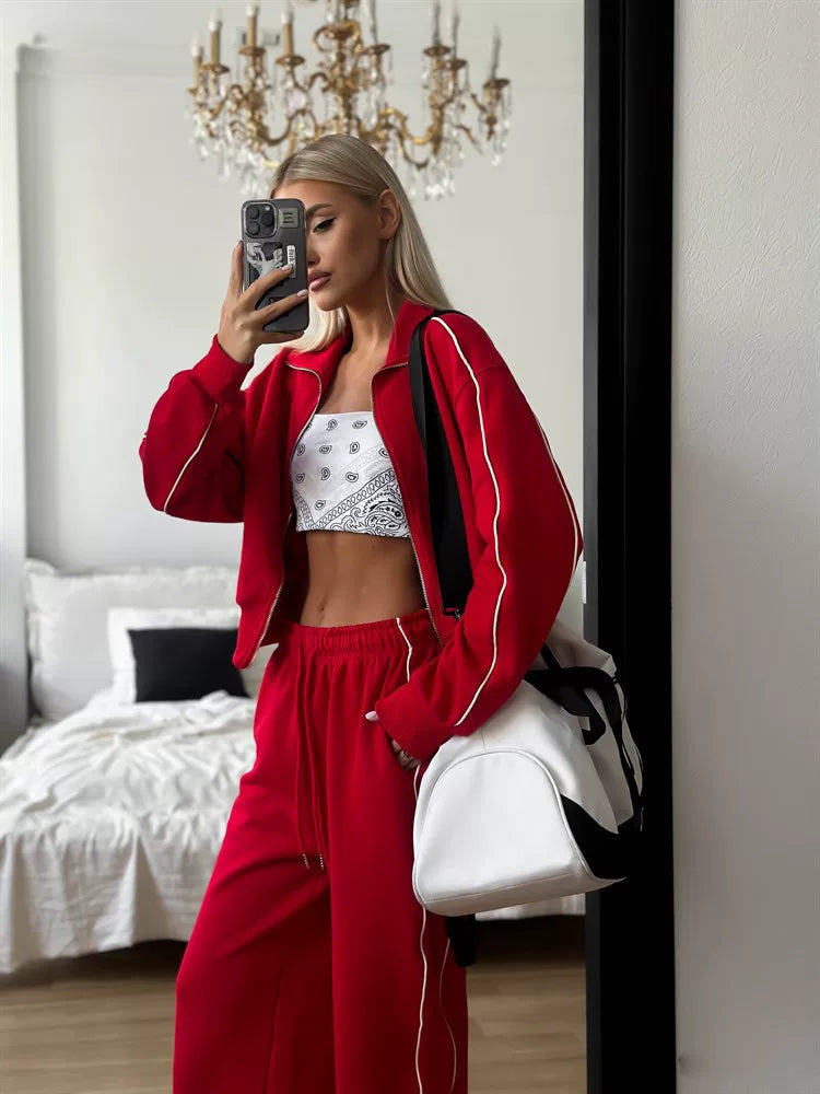 Cxqdy | Casual Zip-Up Cardigan Jacket and Lace Trousers Two-Piece Set