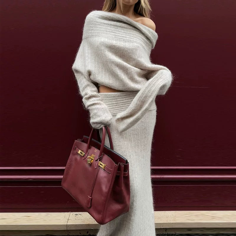 Cxqdy | Women’s Off-Shoulder Knit Sweater and Fishtail Skirt Early Autumn Two-Piece Set