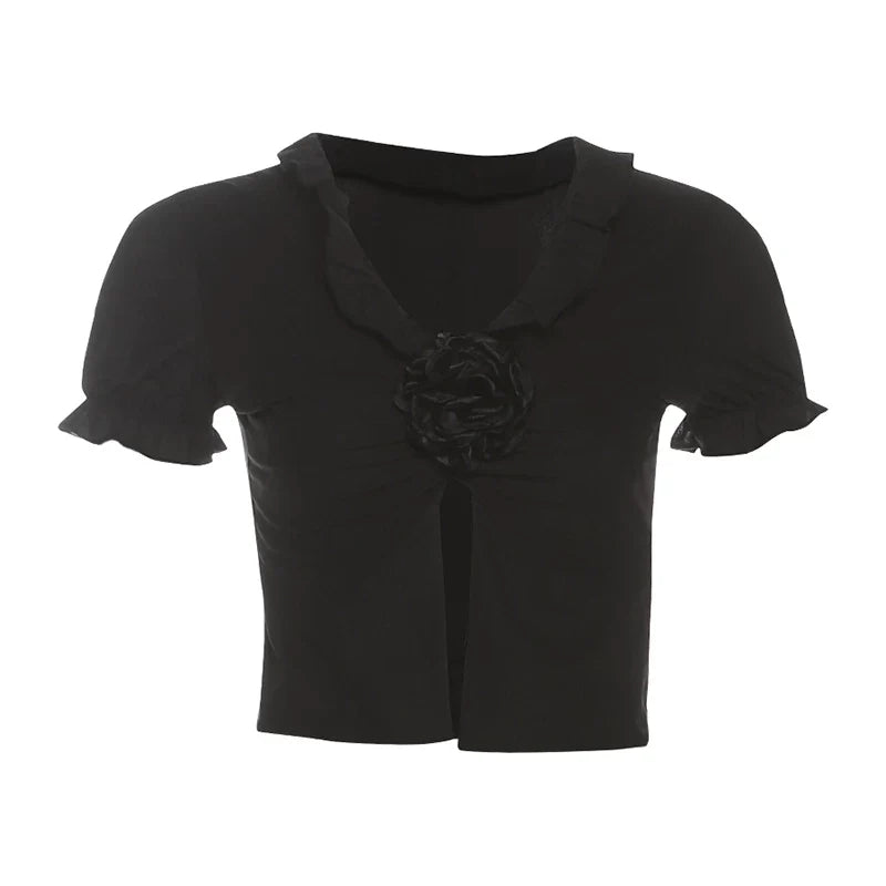 Cxqdy | Women’s Black Rose Navel-Baring Short-Sleeved Top with Slim Skirt Suit