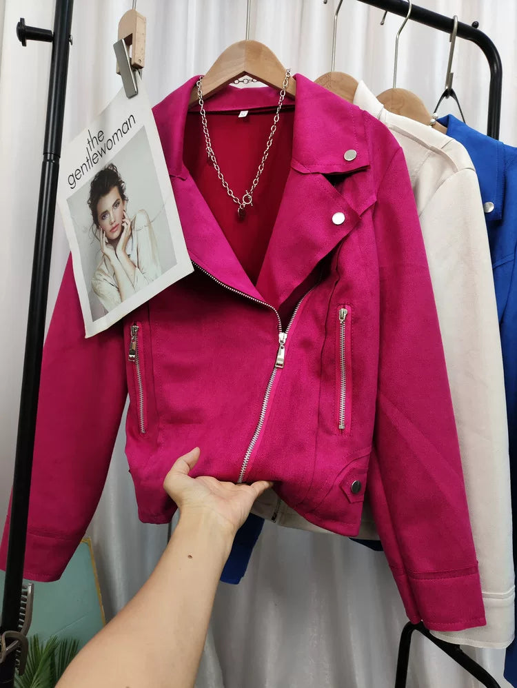 Cxqdy | Women’s Slim-Fit Imitation Deerskin Velvet Motorcycle Jacket with Diagonal Zipper