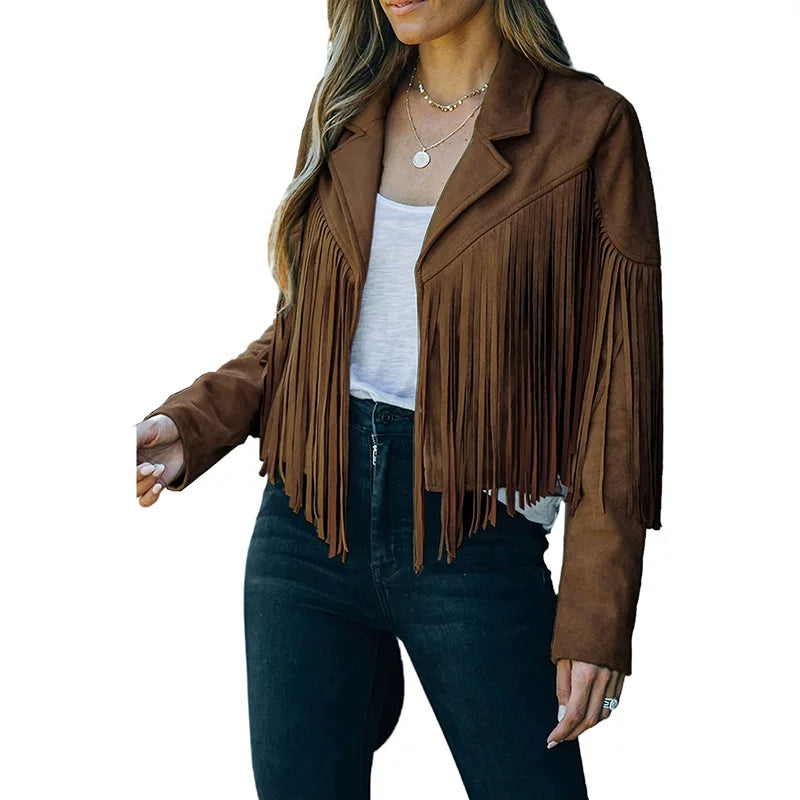 Cxqdy | Women’s Fringe Trim Short Jacket Lapel Collar Long Sleeve Trendy Outerwear