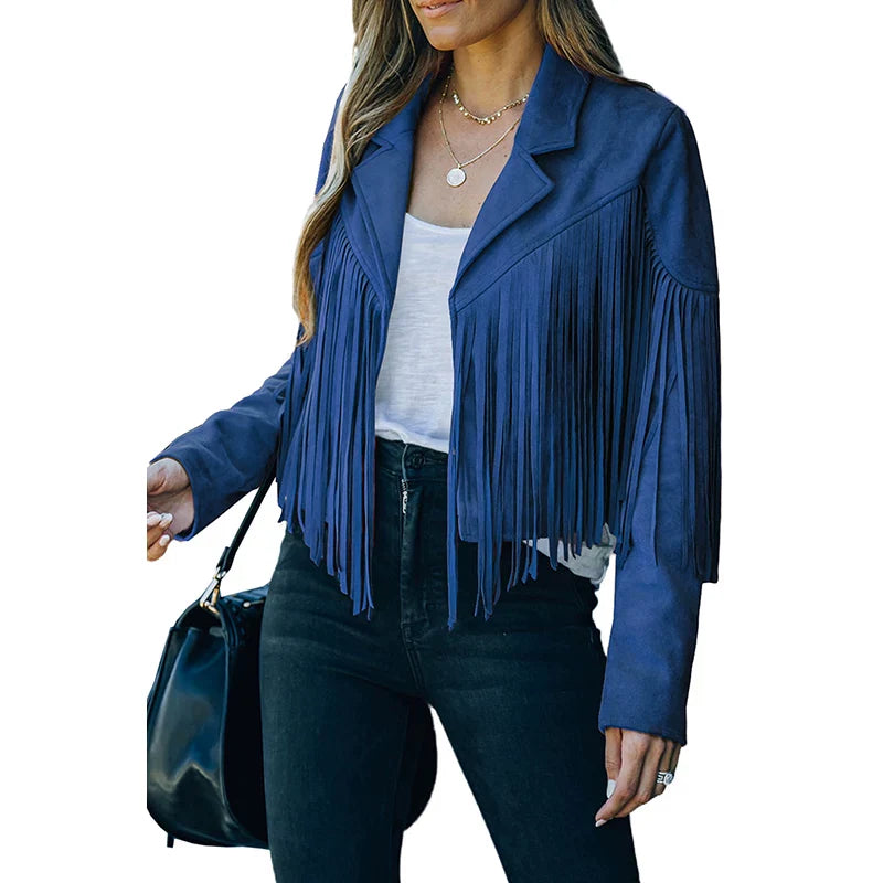 Cxqdy | Women’s Fringe Trim Short Jacket Lapel Collar Long Sleeve Trendy Outerwear