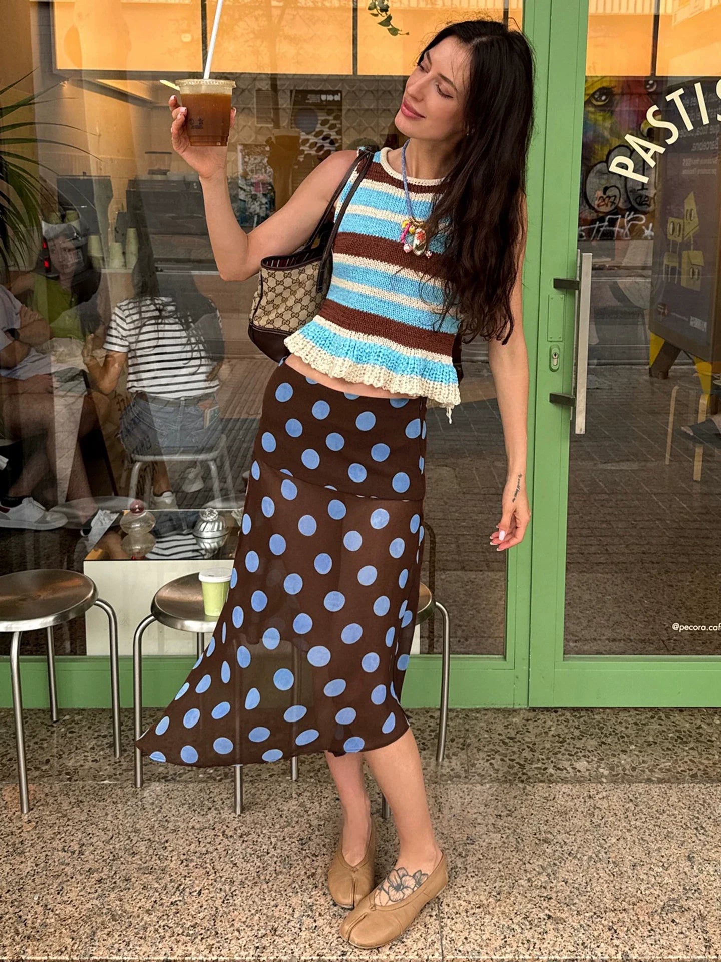 Cxqdy | Women’s American Retro Polka Dot Irregular Mesh Skirt in Blue and Brown