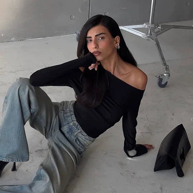 Cxqdy | Women’s Asymmetrical Off-Shoulder Slim-Fit Long Sleeve Top