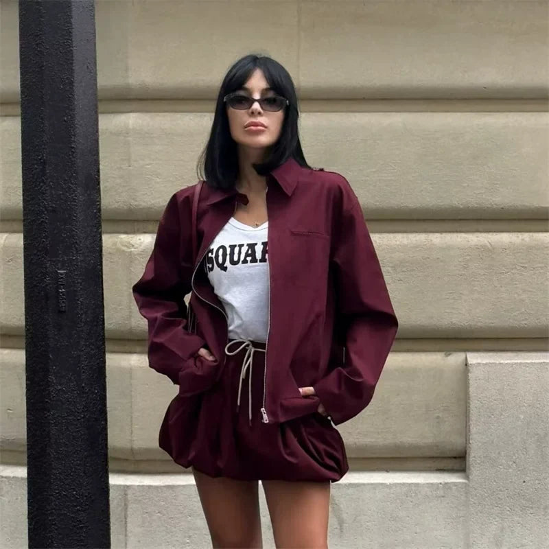 Cxqdy | Women’s Red Zip-Up Cardigan and Mini Skirt Two-Piece Outfit Sweet Chic Style