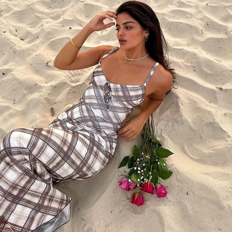 Cxqdy | Women’s Retro Plaid Suspender Dress with High-Waist Slim Fit and Backless Design