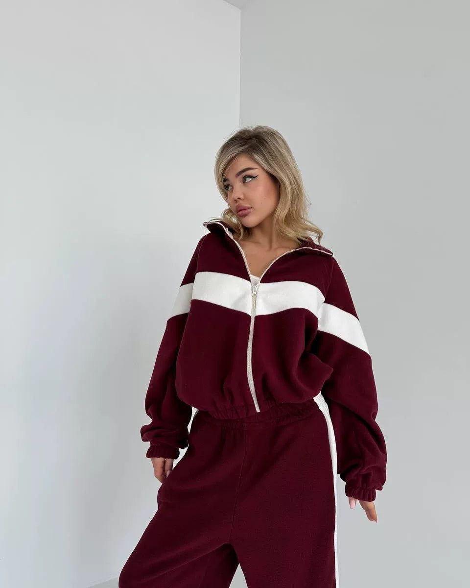 Cxqdy | Women’s Contrast Color Sports Suit with Zip Cardigan and Trousers
