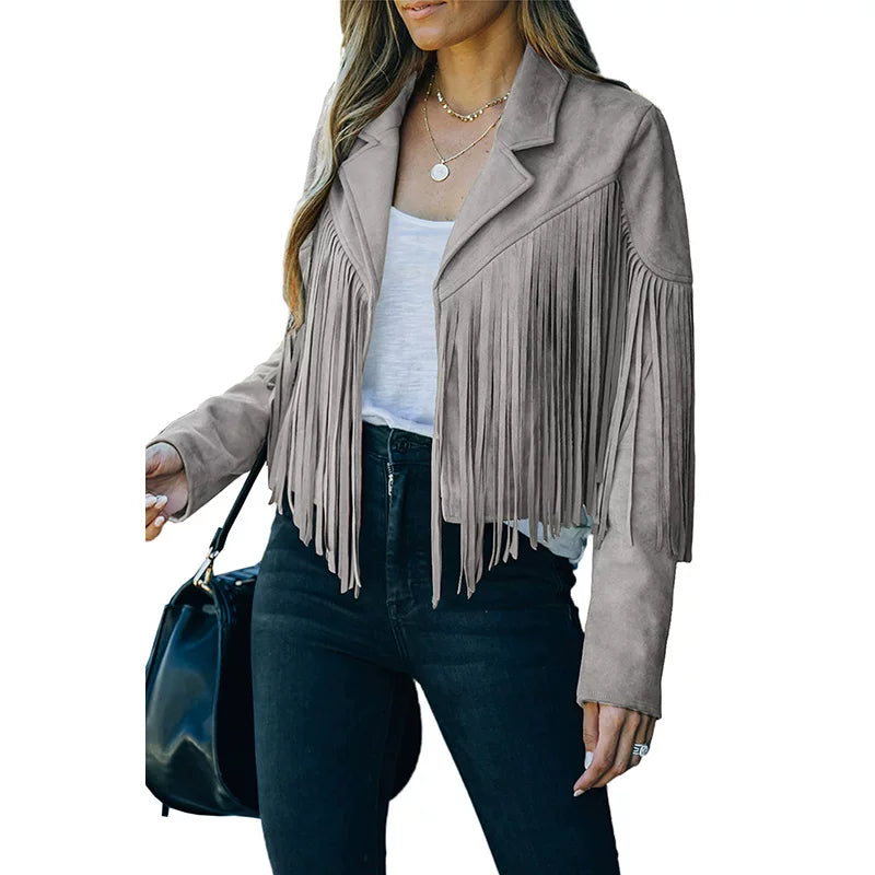 Cxqdy | Women’s Fringe Trim Short Jacket Lapel Collar Long Sleeve Trendy Outerwear