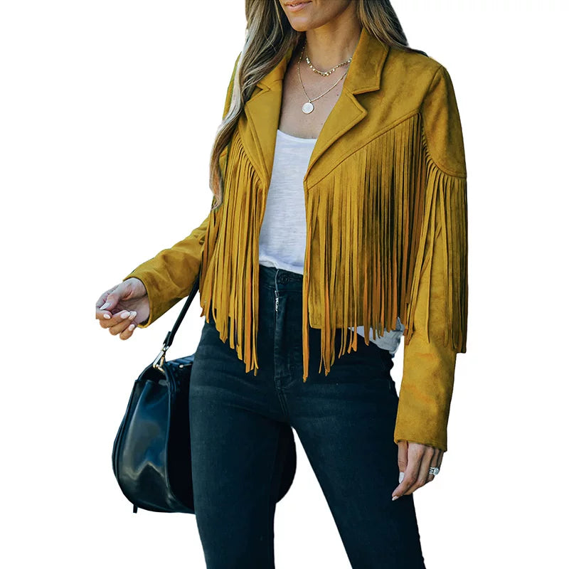 Cxqdy | Women’s Fringe Trim Short Jacket Lapel Collar Long Sleeve Trendy Outerwear