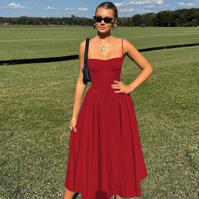 Cxqdy | Women’s French Retro Solid Color Suspender Dress with Slimming Waist