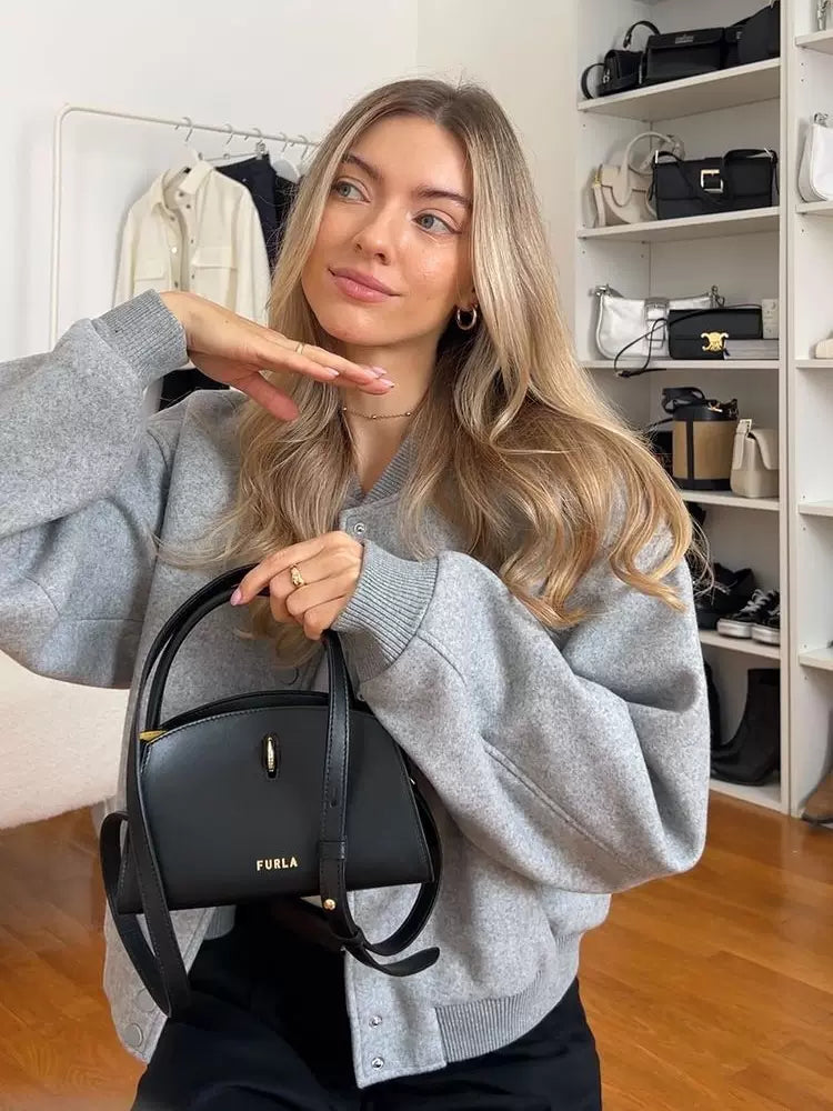 Cxqdy | Women’s Wool Blend Baseball Jacket Loose Fit Short Coat Stand Collar Outerwear