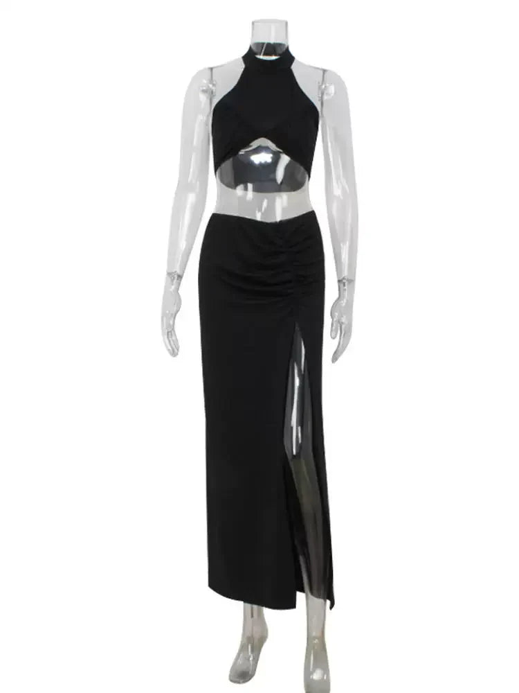 Cxqdy | Navel-Baring High-Neck Vest & Sexy Slit Skirt Suit for Women