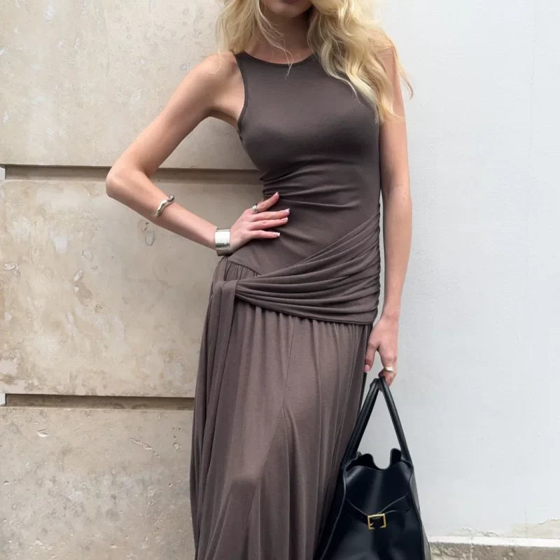 Cxqdy | Women’s Sleeveless Waist-Tie Retro Style Long Dress