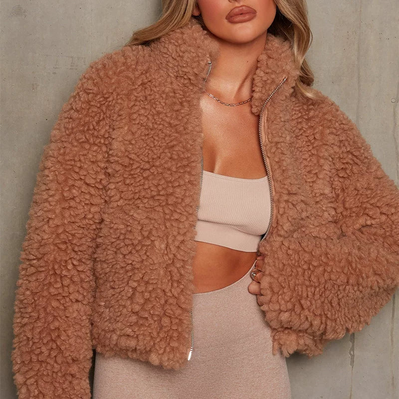 Cxqdy | Women’s Plush Short Cardigan Lamb Coat Jacket