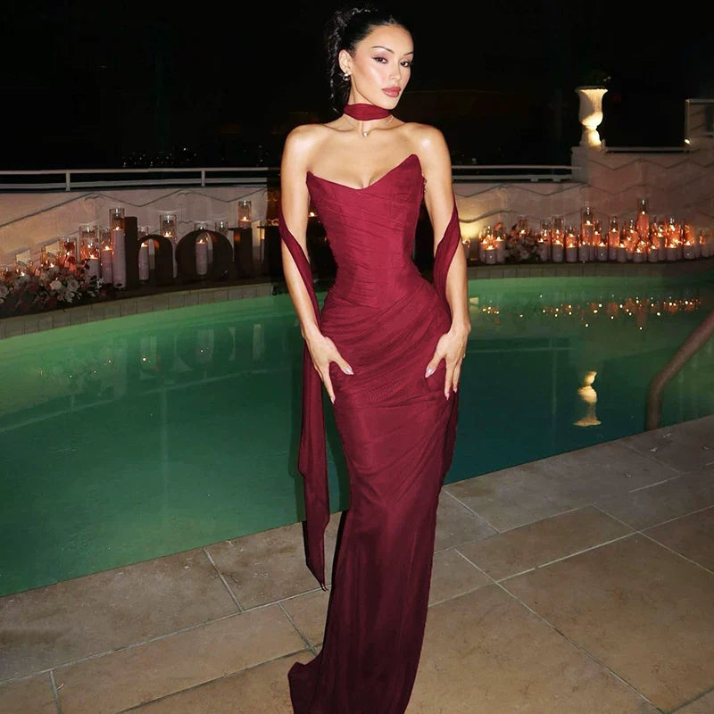 Cxqdy | Women’s Burgundy Tube Top Halter Dress with Mesh Fishtail Skirt