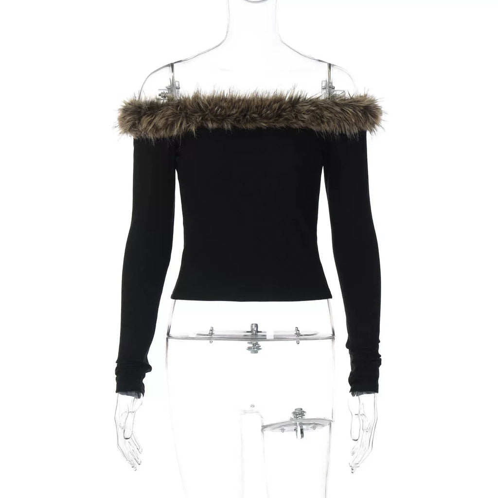 Cxqdy | Women’s One-Shoulder Fur Collar Top and Leopard Print Hip Skirt Two-Piece Set