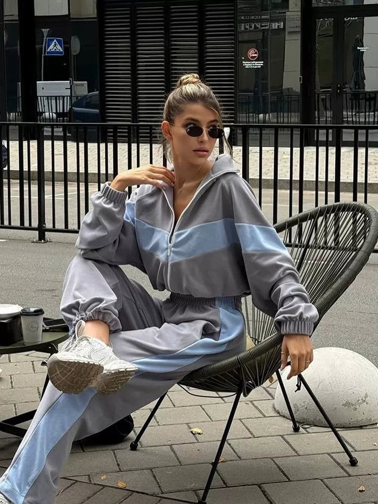 Cxqdy | Women’s Contrast Color Sports Suit with Zip Cardigan and Trousers