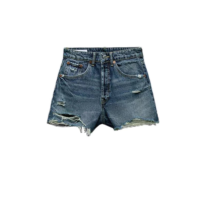 Cxqdy | Trendy High-Waisted Denim Shorts with Raw Edge & Distressed Detailing for Women