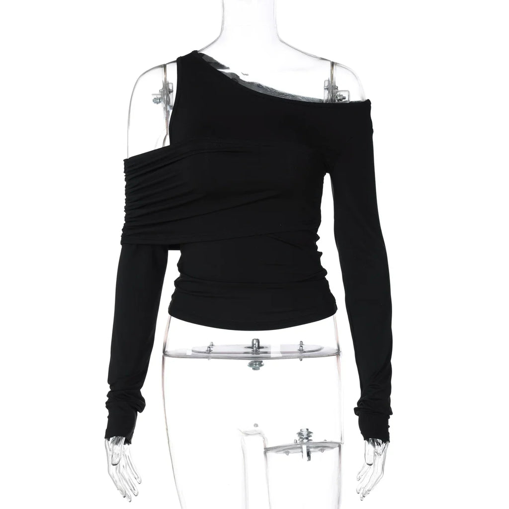 Cxqdy | Women’s Asymmetrical Off-Shoulder Slim-Fit Long Sleeve Top