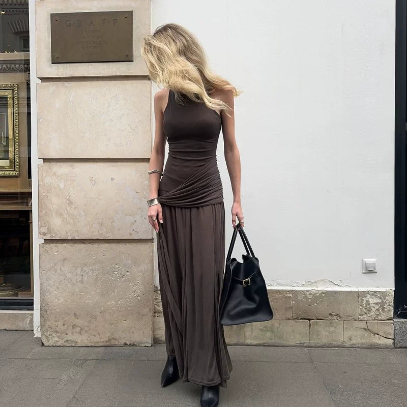 Cxqdy | Women’s Sleeveless Waist-Tie Retro Style Long Dress