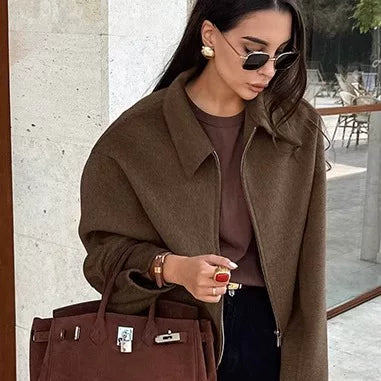 Cxqdy | Women’s Lapel Long Sleeve Zipper Woolen Jacket for Autumn and Winter