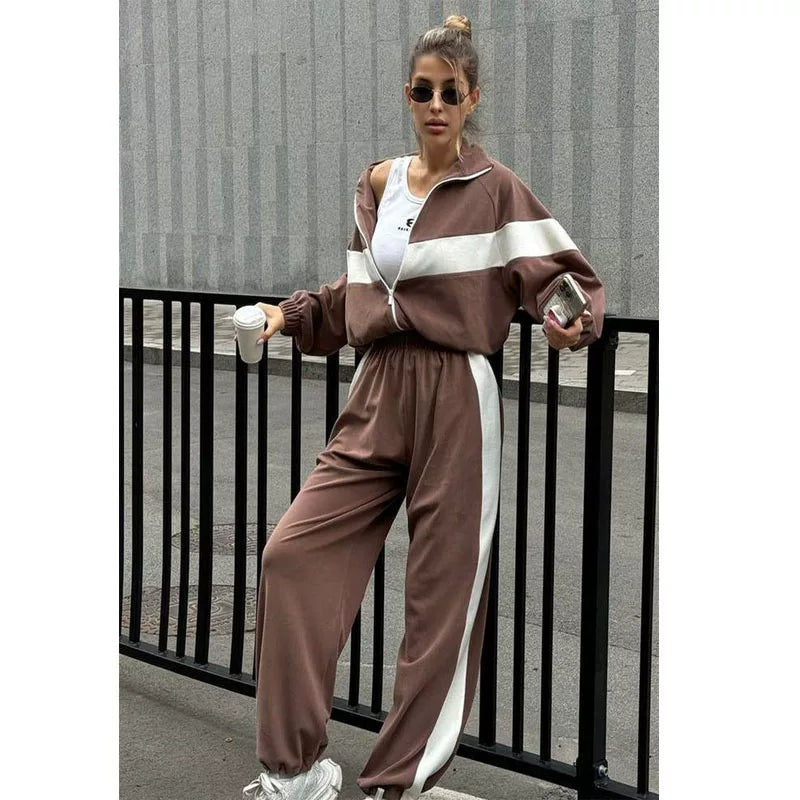Cxqdy | Women’s Contrast Color Sports Suit with Zip Cardigan and Trousers