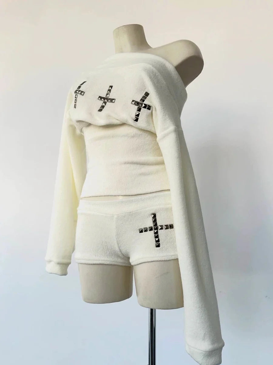 Cxqdy | Women’s One-Shoulder Long Sleeve Cross Detail Top with High-Waist Shorts Set