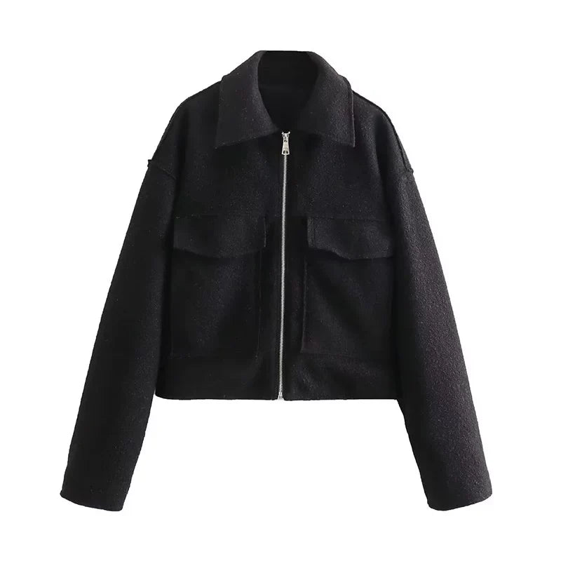 Cxqdy | Women’s Minimalist Wool Blend Short Coat Loose Fit Lapel Outerwear with Pockets