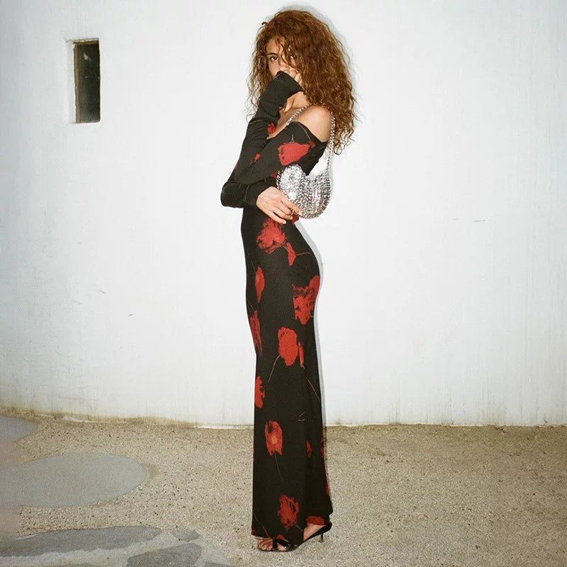 Cxqdy | Women’s Retro Printed Lace-Up Slim-Fit Dress with Hip-Hugging Skirt