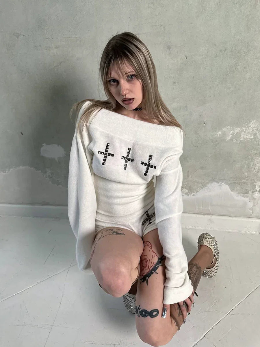 Cxqdy | Women’s One-Shoulder Long Sleeve Cross Detail Top with High-Waist Shorts Set