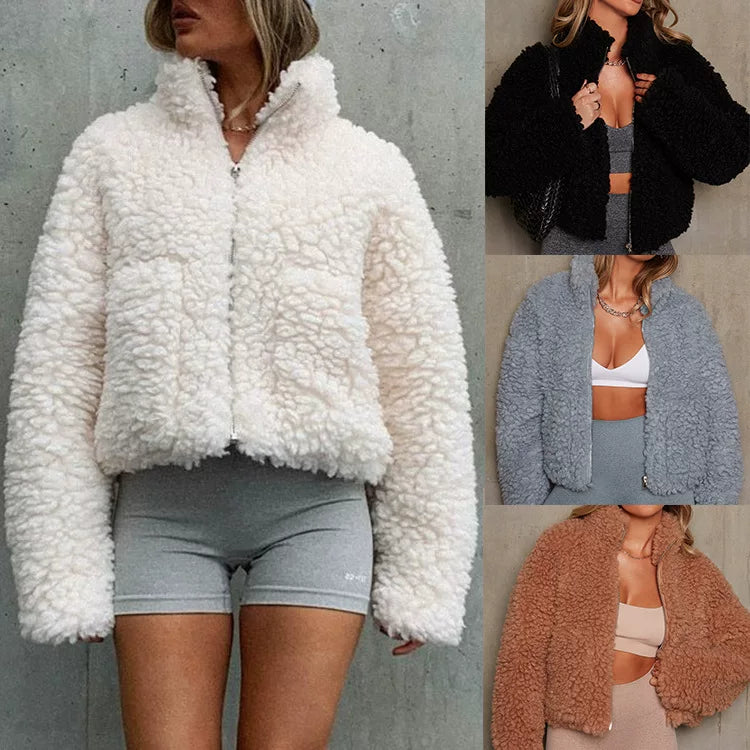 Cxqdy | Women’s Plush Short Cardigan Lamb Coat Jacket
