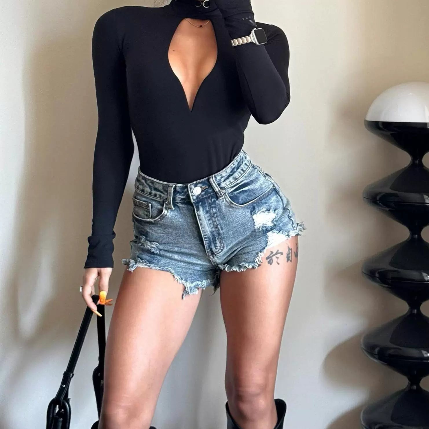 Cxqdy | High-Waisted Washed Ripped Denim Shorts for Women – Slim Fit, Raw Edge Hot Pants for Spring & Summer