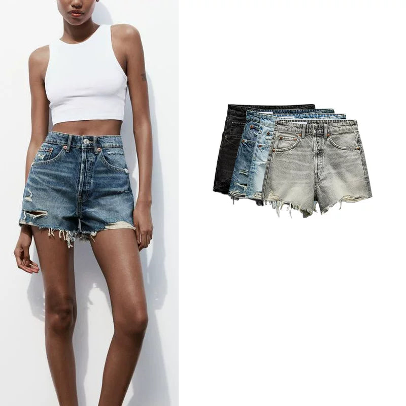 Cxqdy | Trendy High-Waisted Denim Shorts with Raw Edge & Distressed Detailing for Women