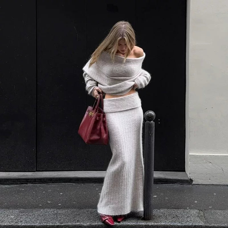 Cxqdy | Women’s Off-Shoulder Knit Sweater and Fishtail Skirt Early Autumn Two-Piece Set