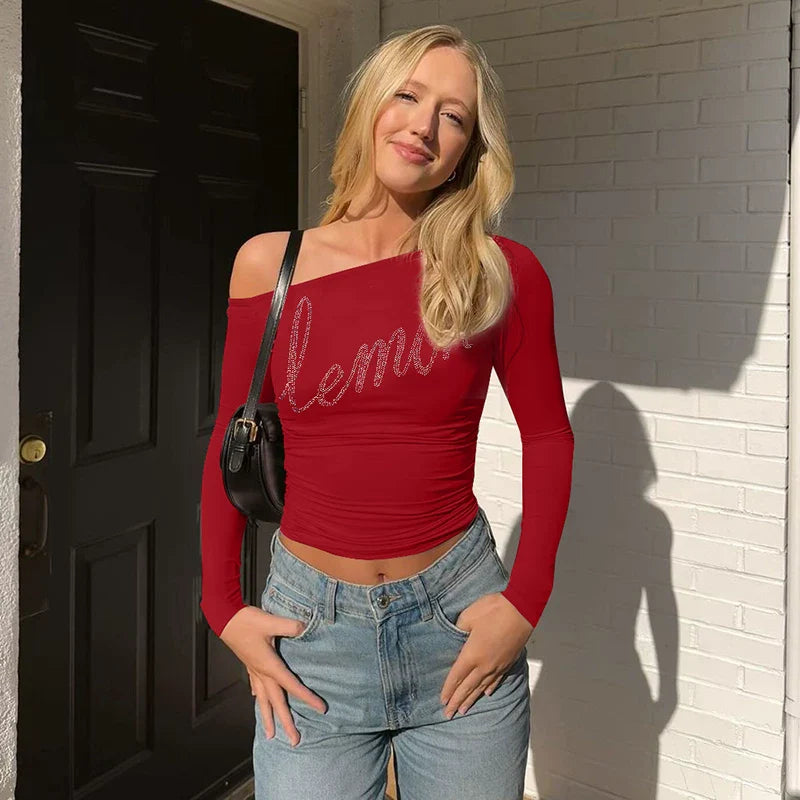 Cxqdy | Women’s Angled Shoulder Letter Print Slim-Fit Long Sleeve Top