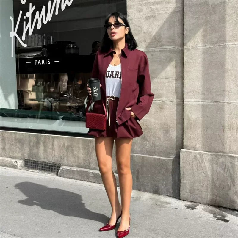 Cxqdy | Women’s Red Zip-Up Cardigan and Mini Skirt Two-Piece Outfit Sweet Chic Style