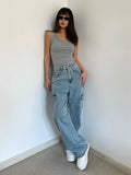 Cxqdy | High-Waisted Loose Work Jeans for Women – Retro Style Slim Straight Trousers with Large Pockets