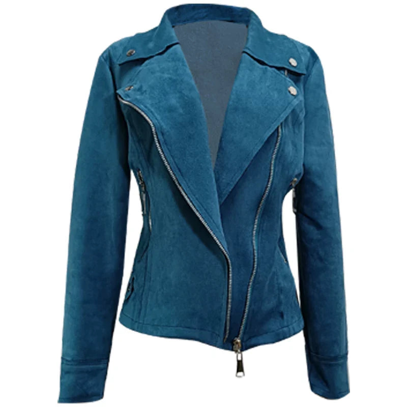Cxqdy | Women’s Slim-Fit Imitation Deerskin Velvet Motorcycle Jacket with Diagonal Zipper