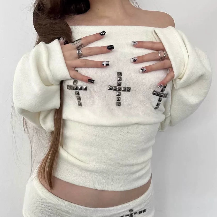 Cxqdy | Women’s One-Shoulder Long Sleeve Cross Detail Top with High-Waist Shorts Set