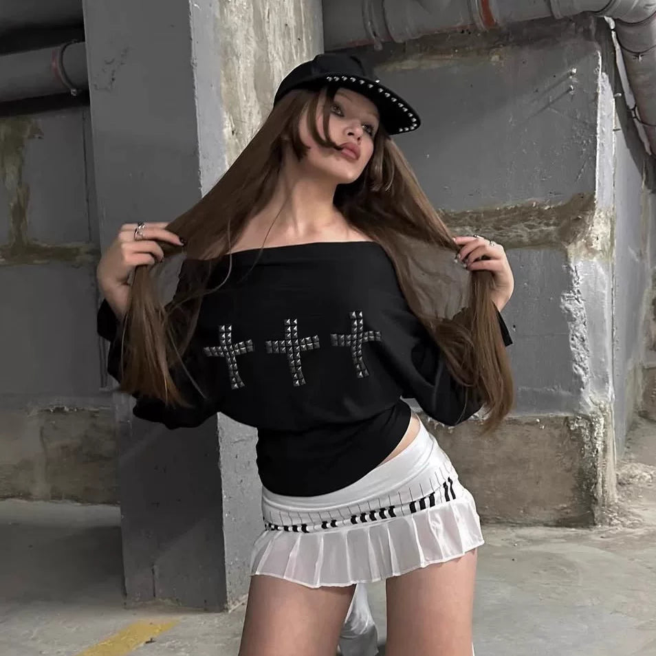 Cxqdy | Women’s One-Shoulder Long Sleeve Cross Detail Top with High-Waist Shorts Set