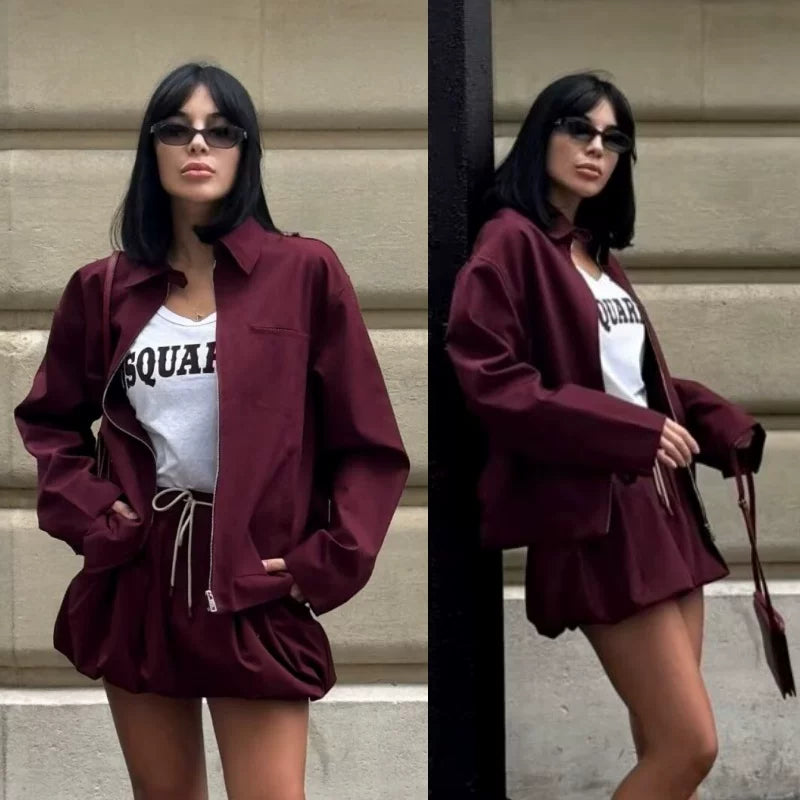 Cxqdy | Women’s Red Zip-Up Cardigan and Mini Skirt Two-Piece Outfit Sweet Chic Style