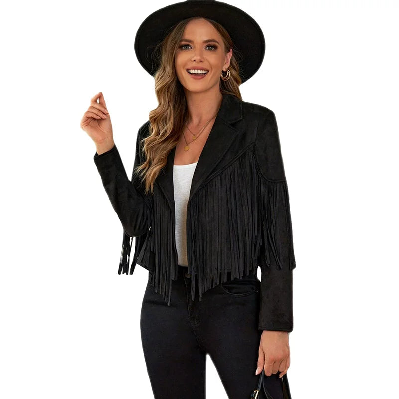 Cxqdy | Women’s Fringe Trim Short Jacket Lapel Collar Long Sleeve Trendy Outerwear