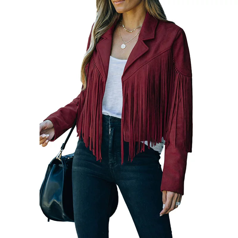Cxqdy | Women’s Fringe Trim Short Jacket Lapel Collar Long Sleeve Trendy Outerwear