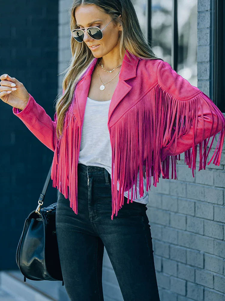 Cxqdy | Women’s Fringe Trim Short Jacket Lapel Collar Long Sleeve Trendy Outerwear