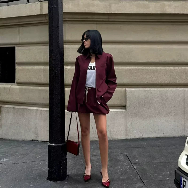 Cxqdy | Women’s Red Zip-Up Cardigan and Mini Skirt Two-Piece Outfit Sweet Chic Style